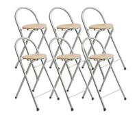 THE SECRET HOME - Pack de 6 Taburetes Plegables de Cocina - Asiento Plegable de Metal y Madera - Taburete Apto para Interior y Exterior (Alto: 80 cm x Largo: 40 cm - Madera Natural/Plateado)