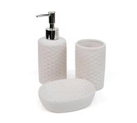 THE SECRET HOME - Set de Baño de 3 Piezas - Conjunto de Acessorios para Aseo de Diseño Moderno - Juego de Baño con Dispensador de Jabón, Vaso y Jabonera (Modelo 3 - Blanco)
