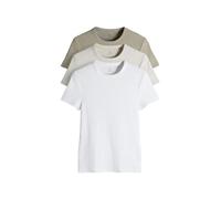 THE SET - Camisetas Manga Corta Mujer, Camisetas Acanaladas para Mujer, Negro, Marrón Topo y Blanco, Talla S - Pack de 3 Light Khaki/Warm Stone/White L