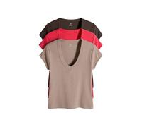 THE SET Mujeres Pack de 3 Camisetas acanaladas de Manga Japonesa con Cuello de Pico Brown/Neutral/Red M