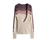 THE SET Mujeres Pack de 4 Camisetas de Manga Larga de canalé con Cuello de Pico Pronunciado Purple/Brown/Pink/Stone S