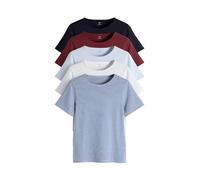 THE SET Mujeres Pack de 5 Camisetas entalladas de Cuello Redondo y Manga Corta Red/Navy/Stripe/Light Blue/White L