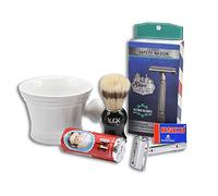 The Shave Factory Set de afeitado para hombre con maquinilla de afeitar, brocha de afeitar, jabón de afeitar, cuchillas de afeitar y bigote de afeitar, color blanco