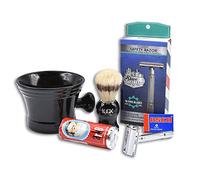 The Shave Factory Set de afeitado para hombre con maquinilla de afeitar, brocha de afeitar, jabón de afeitar, cuchillas de afeitar y bigote de afeitar, color negro.