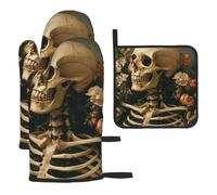 The Skeleton Man Lies Among The Flowers Guantes de cocina coloridos resistentes al calor, almohadillas calientes, lindas cosas de panadero, regalos de cocina para amantes de la cocina, cocineros y