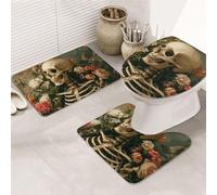 The Skeleton Man Lies Among The Flowers - Juego de alfombras de baño de 3 piezas, alfombrilla de baño + alfombrilla de contorno + funda de asiento de inodoro, lavable a máquina, antideslizante, de