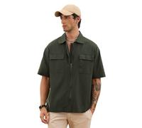 The Souled Store Camisa con cremallera: hombres y niños, manga corta, cuello ancho, cremallera frontal, color sólido, textura, ajuste normal, casual, fácil de peinar, ropa de uso diario, Desert Sage