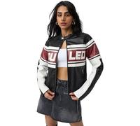 The Souled Store Chaqueta de motociclista para mujer y niña, manga completa, cuello de banda, poliéster, color negro, ajuste regular, tipografía atrevida, chaqueta de invierno con cremallera, Negro, S