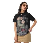 The Souled Store Disney Warrior Mulan - Camiseta de manga corta para mujer y niña, cuello redondo, diseño gráfico negro, transpirable, de algodón, Negro , L