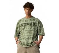 The Souled Store Nomad Indus Green - Camiseta de manga corta para hombre y niño, cuello redondo, color verde salvia, bordado tribal, informal, con hombros descubiertos, ropa de calle, camiseta de moda