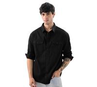 The Souled Store Sólidos: Mystic Black - Camisas de algodón de manga larga para hombre y niño, cuello con botones frontales, ajuste regular, color liso, Negro místico, S