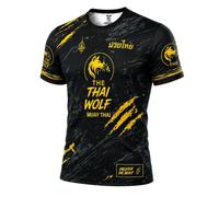 The Thai Wolf Camiseta Muay Thai Dry Fit Negra para Kickboxing y MMA | Diseño Muay Thai negro y amarillo con tejido técnico Dry Fit