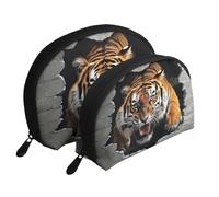 The Tiger Breaks The Wall - Bolsas de maquillaje impresas de 2 piezas portátil con diseño de concha, White, Talla única