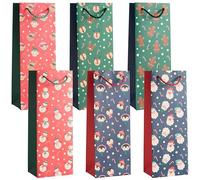 THE TWIDDLERS - 6 Bolsas Navideñas para Vino con Asas de Cuerda Resistentes en Distintos Diseños Navideños Festivos, Bolsas para Botellas de Regalo, 1 de Cada Diseño, Bolsa Navideña - 35cm x 13cm