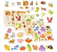 THE TWIDDLERS Set de 4 Puzles de Madera para Bebés - Juguetes Educativos Montessori con Tiradores para Desarrollo Cognitivo, Guardería y Regalos Infantiles