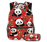 The Ultimate School Essential, juego de 2 mochilas escolares para niños, niñas y adolescentes, con un combo de mochila y estuche, bonito panda sobre rojo, multicolor, B:29.4x20x40cm P:19x7.5x3.8cm,