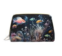 The Underwater World - Bolsa de cosméticos de piel, impermeable, bonita bolsa de aseo de viaje con cremallera, juego de bolsas de almacenamiento de cosméticos para mujer, color marrón, White, Talla