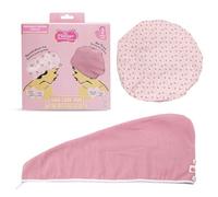 The Vintage Cosmetic Company Dúo de Gorro de Ducha y Toalla de Microfibra para el Cabello, Gorro de Ducha Impermeable y Toalla de Secado Rápido para Mujeres