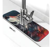 The White and Red Wolf - Tapete de grifo para fregadero de cocina, tapete de secado súper absorbente para cocina, baño, fregadero, cafetería, bar, grifo, decoración de regalos (15 x 5.5 pulgadas)