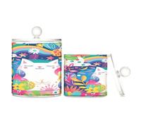 The White Cat in The Garden - Tarros de almacenamiento de plástico transparente con tapa, artículos esenciales de despensa, pequeños contenedores de almacenamiento decorativos para hisopos de algodón