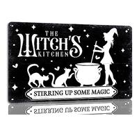The Witch's Kitchen Stirring Up Some Magic - Letrero de metal divertido para Halloween, vintage, gótico, espeluznante, decoración retro de bruja para cafetería, bar, cocina, 8 x 12 pulgadas
