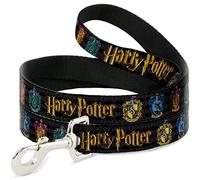 The Wizarding World of Harry Potter Correa para Mascotas, Correa para Perro, Harry Potter Hufflepuff Ravenclaw Gryffindor Slytherin Negro, 4 pies de Largo 1.5 Pulgadas de Ancho