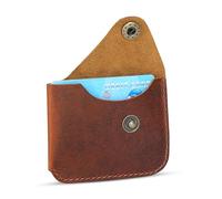 TheAntiq Tarjetero minimalista de cuero marrón hecho a mano - Funda delgada para tarjetas de crédito con cierre de botón, funda de cuero compacta con capacidad para hasta 4 tarjetas, cartera de
