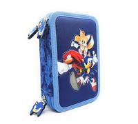 TheCartoonWorld Estuche escolar de 3 cremalleras con 45 piezas - Fabricado para SONIC, turquesa, 20 x 13 x 7 cm, Sonic y amigos