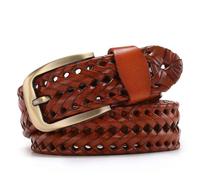 THEDAYBABY Cinturones trenzados de cuero genuino para hombre, cinturones vintage para hombre, hebilla dorada, casual, para pantalones vaqueros, naranja, 115 cm