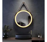 THEGA Espejo De Baño Redondo con Luces, Espejo LED Iluminado para Maquillaje con Correa De Cuero Y Sistema Antivaho; Espejo Circular Grande con Interruptor Táctil(Gold,90x90cm)
