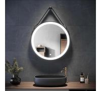 THEGA Espejo De Baño Redondo con Luces, Espejo LED Iluminado para Maquillaje con Correa De Cuero Y Sistema Antivaho; Espejo Circular Grande con Interruptor Táctil(Black,70x70cm)