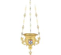 TheHolyArt Hanging Vigil Lamp Byzantine Style with Enamel Cross, Gold-Plated Orthodox Church Oil Lamp with Chains, Christian Home Altar Decor