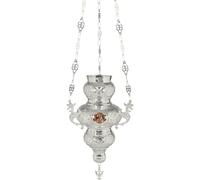 TheHolyArt Hanging Vigil Lamp Silver-Plated with Enamel Medallion, Corfu Style Orthodox Church Oil Lamp with Chains, Christian Home Altar Decor