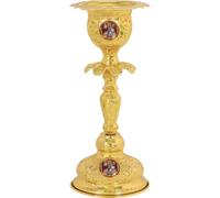 TheHolyArt Standing Vigil Lamp, Gold-Plated Orthodox Table Oil Lamp with Medallions, Christian Home Altar Decor, Jesus Christ