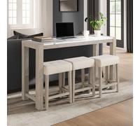 THEMEPT Elegante mesa de sofá de mármol real vainilla para espacios de vida acogedores, incluye 3 taburetes tapizados y toma de corriente para una relajación cómoda