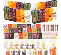 Thenshop 24 juegos/96 piezas de regalos de Acción de Gracias de otoño a granel de 16 onzas de taza de café reutilizable con tapa, mini cuadernos, bolígrafos, tarjetas y bolsas de regalo, regalos de