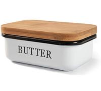 Theo&Cleo Mantequera Con Tapa de Madera, Campana Para 250 g de Mantequilla, Plato Multifunción, Tapa de Bambú Elegante y Sostenible, Color Blanco