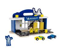 Theo Klein 3403 MICHELIN Service Station with 2 Cars , Wood I Incl Lifting Platform and Fuel Pumps I Compatible with Wooden Tracks I Toy for Children from 3 Years