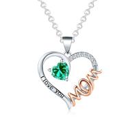 Theosynmir Collar de piedra natal para mamá, colgante de cristal de corazón con grabado "I Love You", joyería de letra de mamá, regalo de cumpleaños para ella, necklace for women, Metal, Circonita
