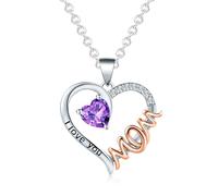 Theosynmir Collar de piedra natal para mamá, colgante de cristal de corazón con grabado "I Love You", joyería de letra de mamá, regalo de cumpleaños para ella, necklace for women, Metal, Circonita