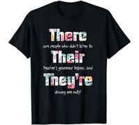 There Their They're English Grammar Funny Teacher Men's Black Camiseta Unisex Clothing, Negro , XL