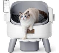 Thereye Caja de arena automática con paso de entrada, caja de arena autolimpiable con parte superior abierta para múltiples gatos, 11 protecciones de seguridad y control de aplicaciones, caja de arena