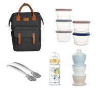 THERMOBABY - Bolsa de pañales con accesorios incluidos, mochila práctica - 5 cajas de almacenamiento - Cucharas ergonómicas - Biberón de vidrio y caja de transporte de leche - Kit completo para padres