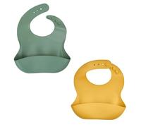THERMOBABY - Juego de 2 baberos de silicona suave para bebés con bolsillo de recogida - Ajustable y fácil de limpiar - Ideal para comidas, práctico e impermeable (verde cactus y amarillo miel)