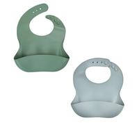 THERMOBABY - Juego de 2 baberos de silicona suave para bebés con bolsillo de recuperación - Ajustables y fáciles de limpiar - Ideal para comidas, práctico e impermeable (gris encanto y verde cactus)
