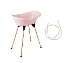 THERMOBABY - Kit de bañera para bebé - Vasco - Bañera, pie de madera y manguera de drenaje - Innovación patentada - Plegable y estable - Puede acoger una tumbona de baño - Fabricado en Francia - Rosa