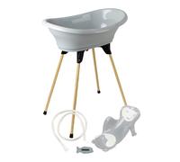 THERMOBABY - Pack de bañera para bebé VASCO 5 en 1 - Bañera, pie de madera, manguera de drenaje, tumbona de baño, termómetro - gris encanto - Plegable y estable - Fabricado en Francia