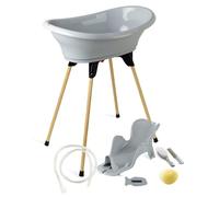 THERMOBABY - Pack de bañera para bebé VASCO 7 En 1 - Bañera, pata de madera, Tubo de desagüe, hamaca de baño, Termómetro, Cepillo, Peine, Esponja - Plegable & Estable - Fabricado en Francia
