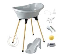 THERMOBABY - Pack de baño para bebé Vasco 9 en 1 gris - Bañera + pie plegable + manguera de drenaje + tumbona de baño + termómetro + esponja + cepillo y peine + tijeras + mosca bebé - Fabricado en