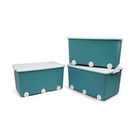 Thermobaby PLAYBOX - Baúl de almacenamiento MAXI 42 L - Lote de 3 cajas de almacenamiento - Caja de almacenamiento de plástico con tapa - Clips de cierre - Asa - apilable - Verde Azul